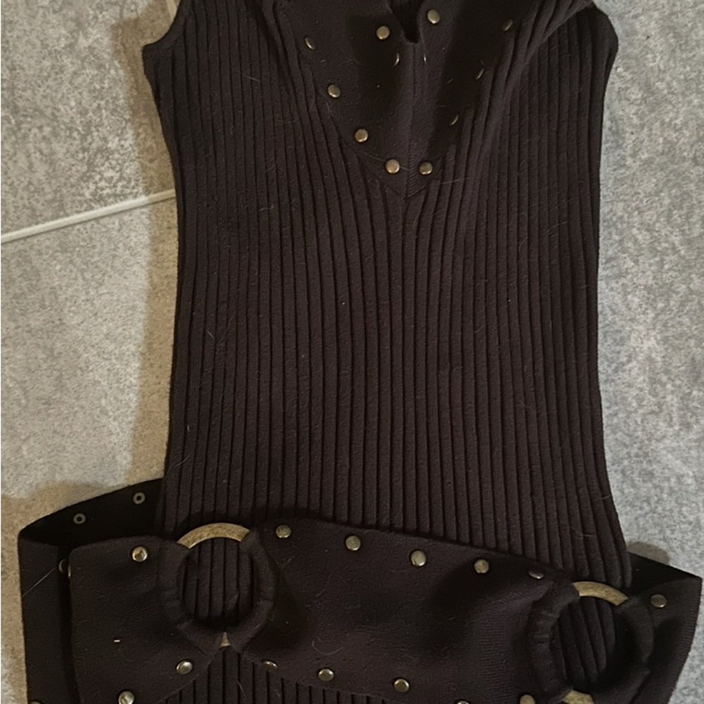 Tracy M Black Ribbed Tank with Gold Accents